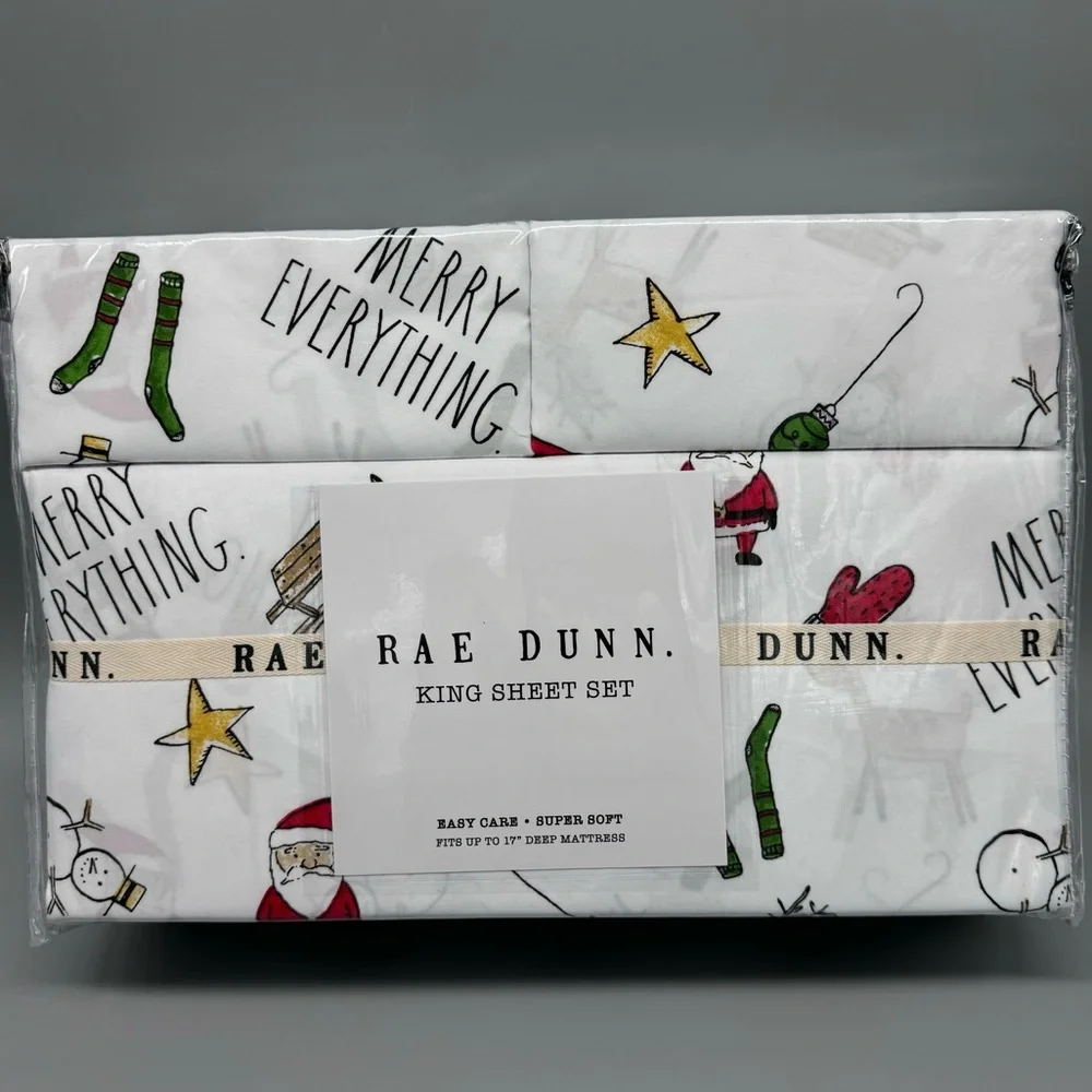 4pc Rae Dunn Christmas Merry Everything KING Sheet Set Santa Reindeer Snowman